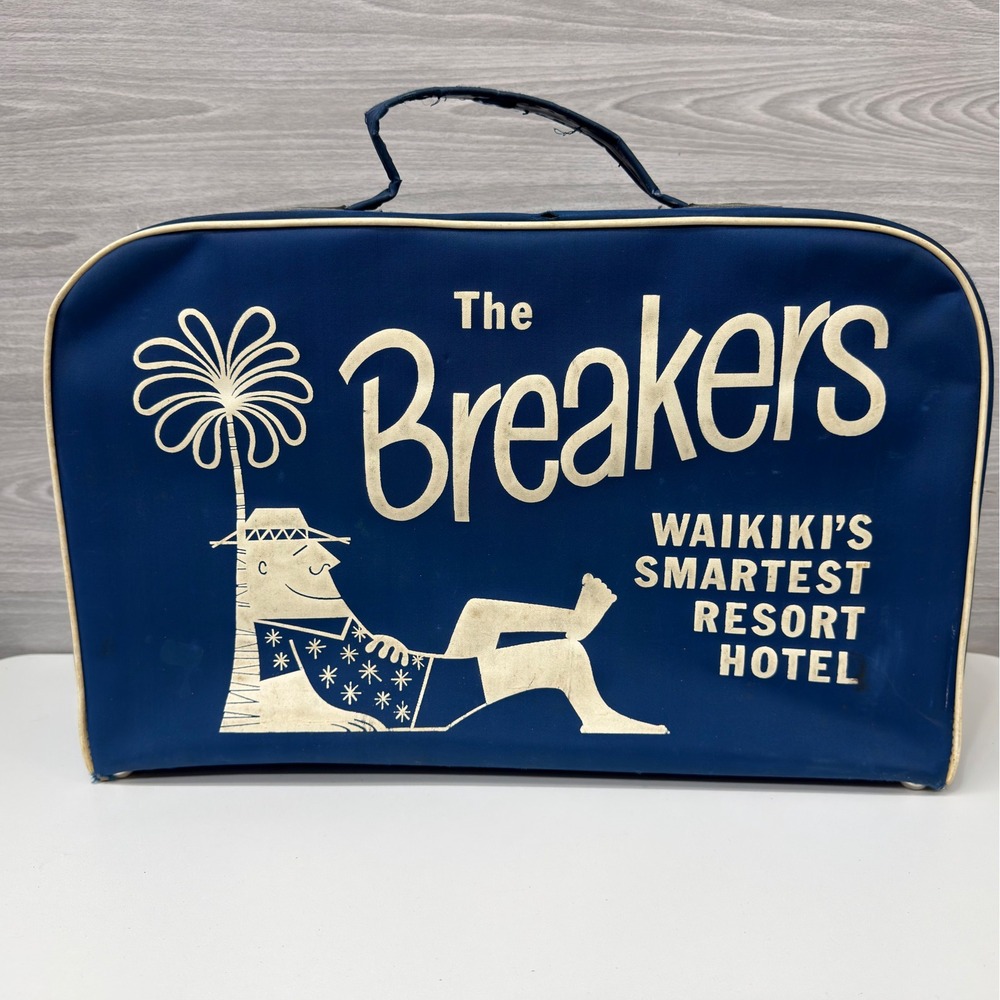 Vintage The Breakers Waikiki Hawaii Souvenir Travel Bag Natco Blue Suitcase